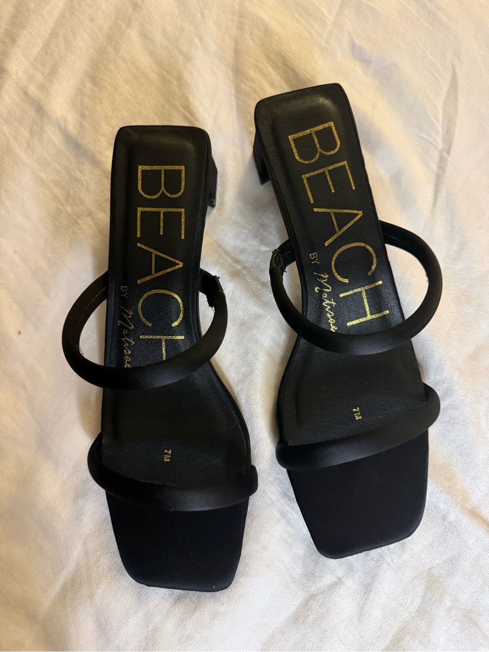BEACH Black Double-Strap Square-Toe Block Heel Sandals